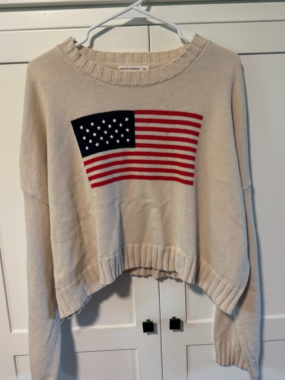 moon & madison Cream Crewneck Oversized Sweater with Flag Graphic